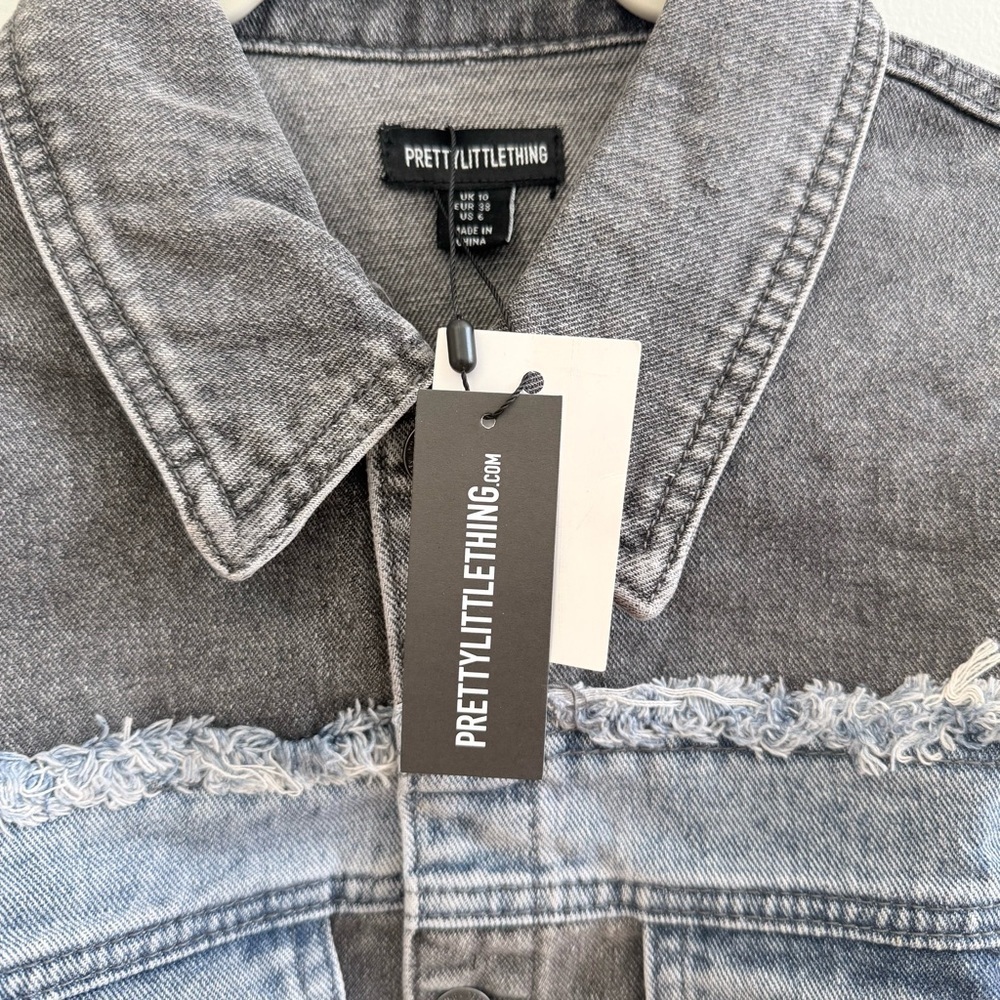 Pretty Little Things Washed Gray Double-Layered Cropped Denim Jacket, size 6 - Picture 3 of 5